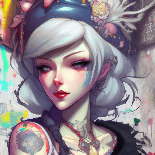 AI generated: Portrait of tatooed Snow White, character design, detailed hair, punk art, acid punk, cluttered wall...