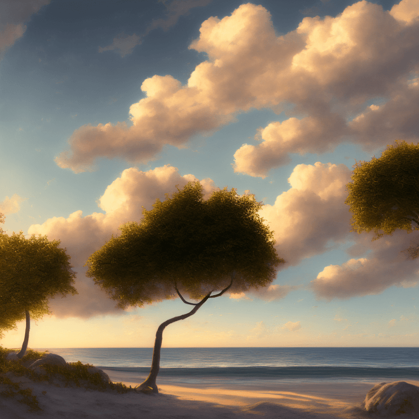 AI generated: photorealistic oil on canvas, small clouds, beach, trees,  beautiful setting, evening, warm glow, fo...