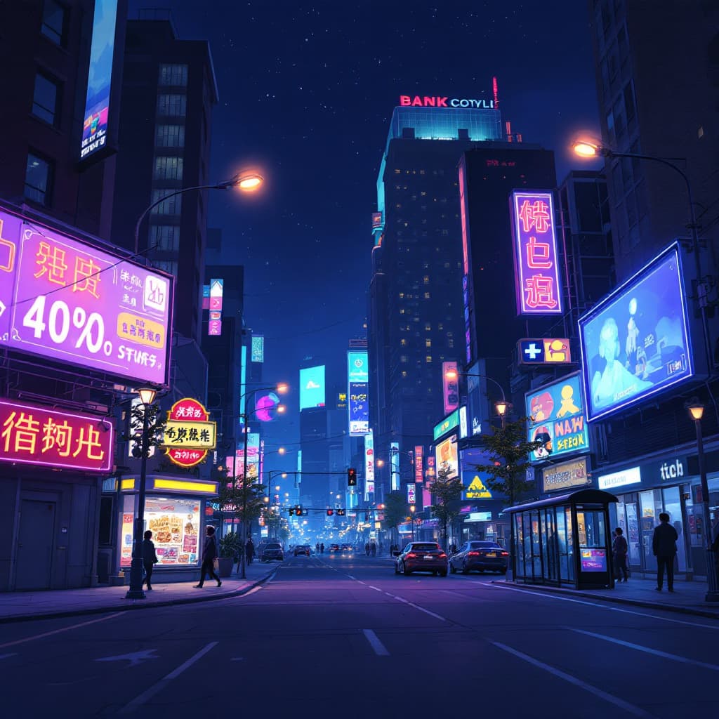 AI generated: For his application, the focus is on a nighttime street scene with specific elements (neon signs, ta...