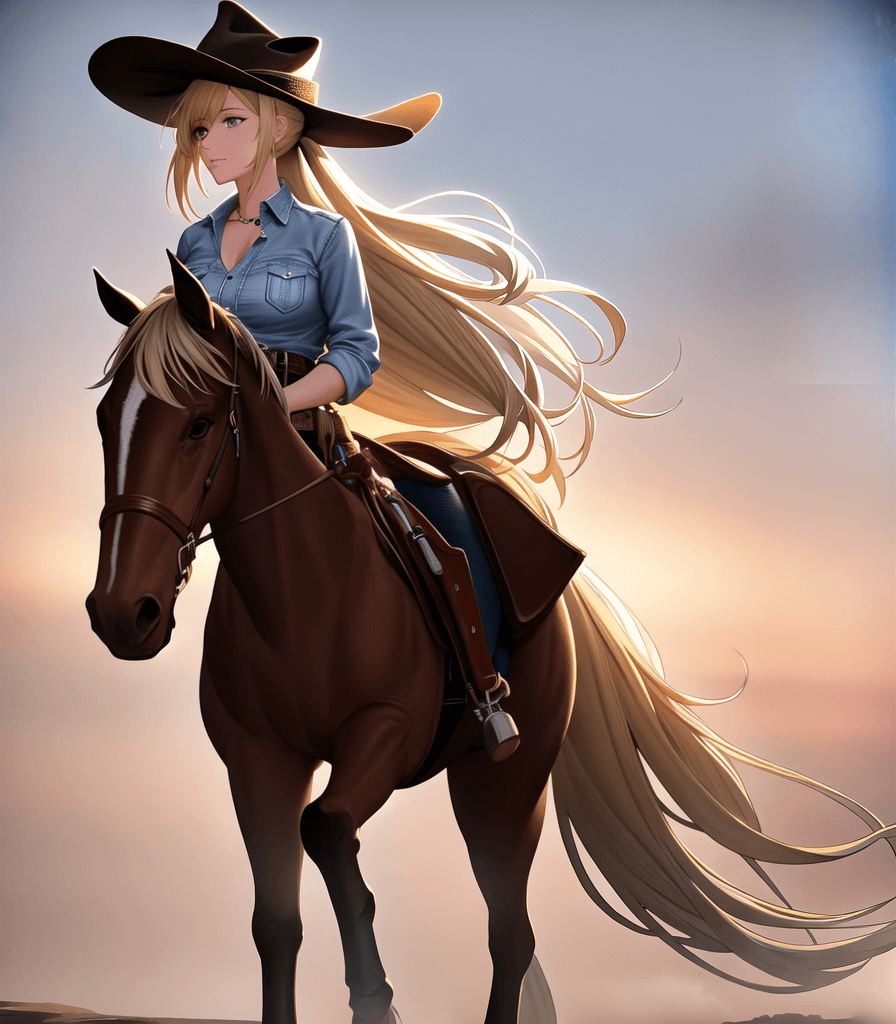 AI generated: perfect anime illustration, 1girl, low ponytail, long blonde hair, medium breasts, jeans, denim, cow...