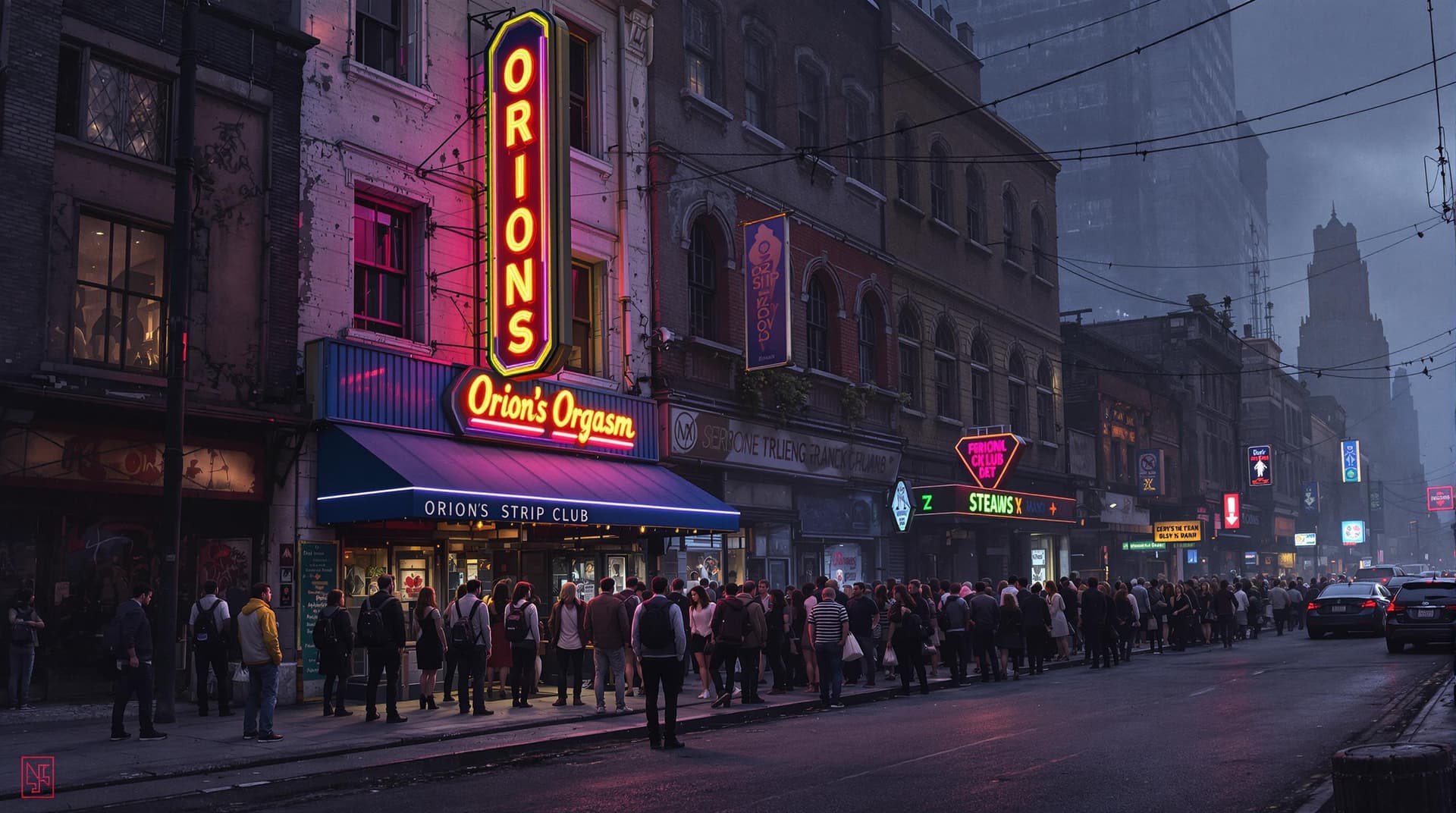 AI generated: A rundown section of the city where a row of seedy establishments line the streets. Nearest to us is...