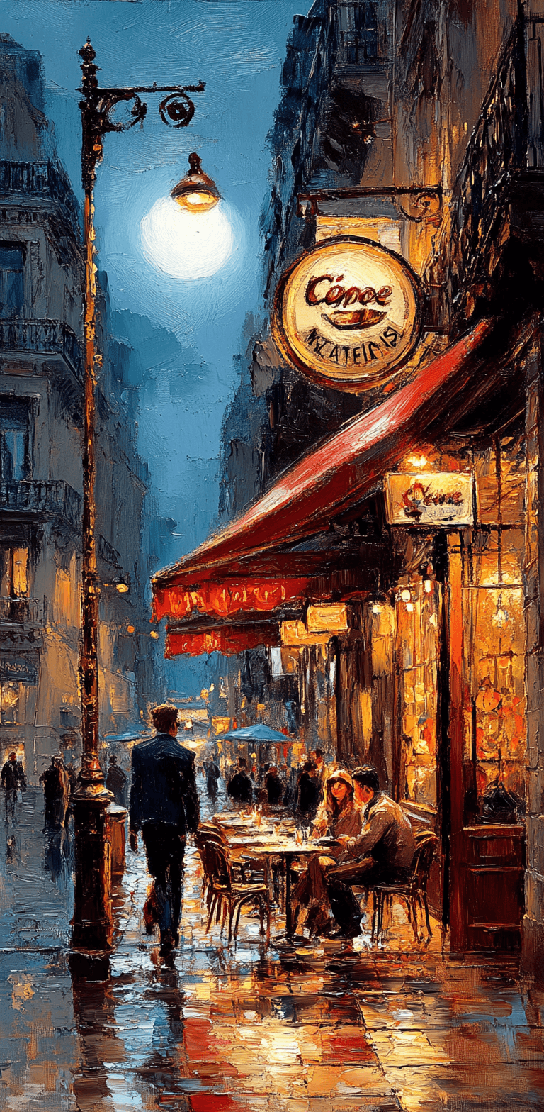 AI generated: oil painting of night street with cafe in the style of Sargent, lights, people walking around, brigh...