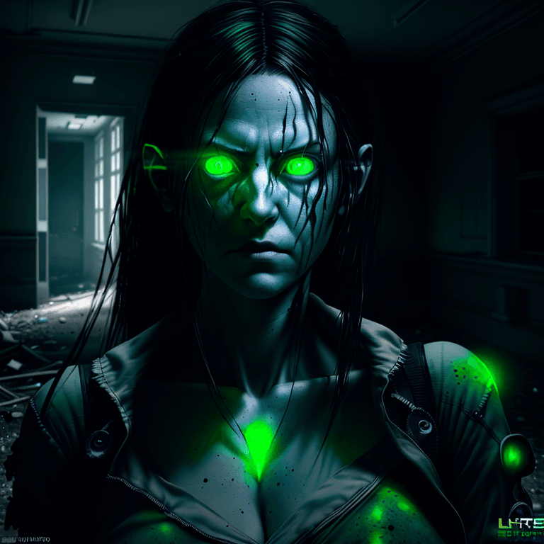 AI generated: an ultra realistic portrait of a ghost hunter, green glowing eyes, investigating an abandoned eerie ...