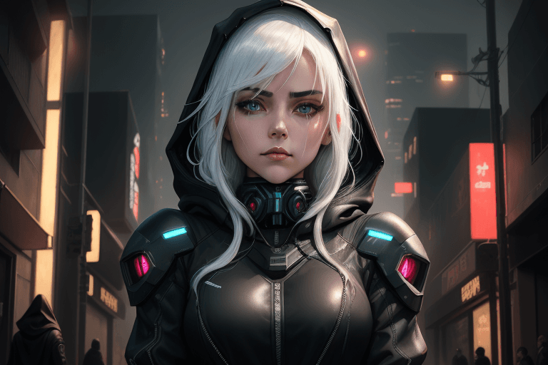 AI generated: (a photo of female assassin), ((beautiful face, symmetrically correct face)), (white hair), sci-fi, ...