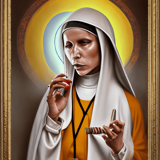 AI generated: a painting of a nun smoking a cigarette, style 
Of guillaumeseryos, and HBS style of 
religious art,...