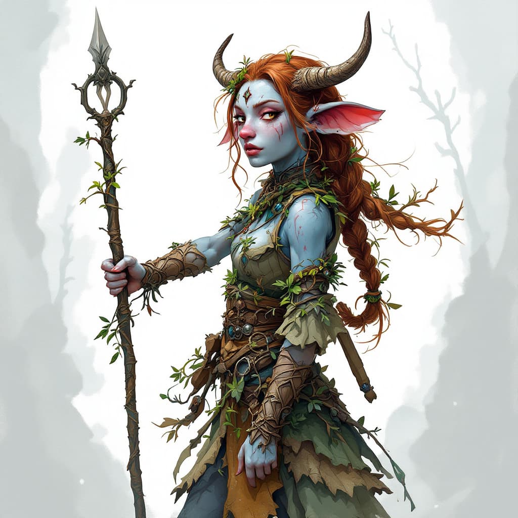 AI generated: dnd female firbolg forest druid level 1, from the feywild, brown hair, light blue freckled skin tone...
