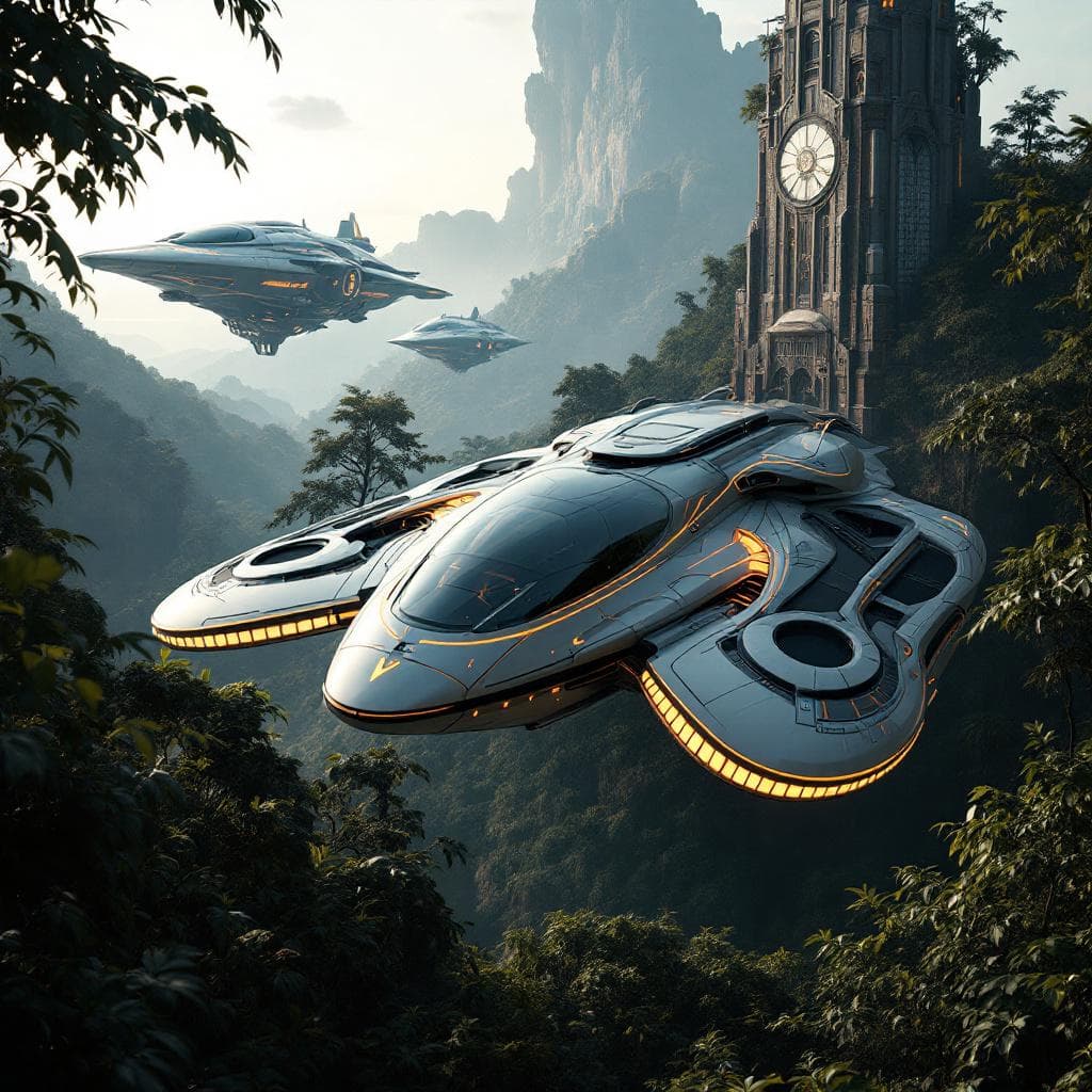 AI generated: 
Futuristic epic adventure, tartaria building in the background with mythological ancient flying spa...