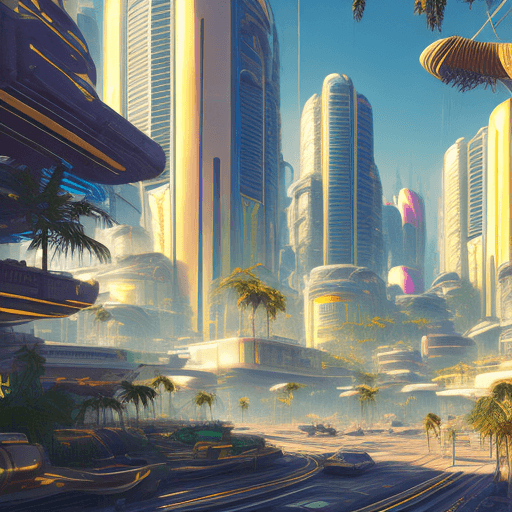 AI generated: a bright sunny hopeful sythwave cyberpunk utopia 8k photorealism detailed, golden and white luxuriou...