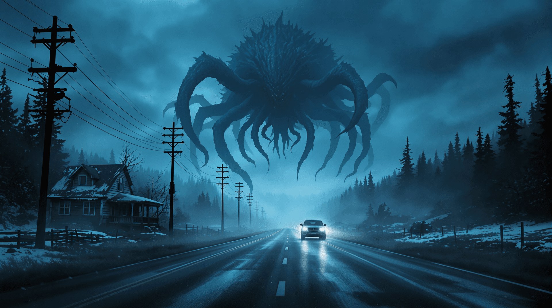 AI generated: A colossal eldritch creature towers over a desolate small town, its massive, limbs and writhing tent...