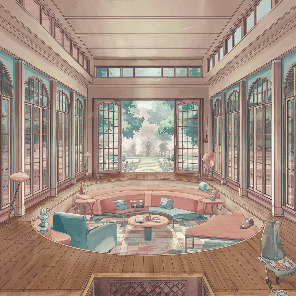 AI generated: ANIME STYLE LIKE AKIRO High resolution photography interior design, dreamy sunken living room conver...