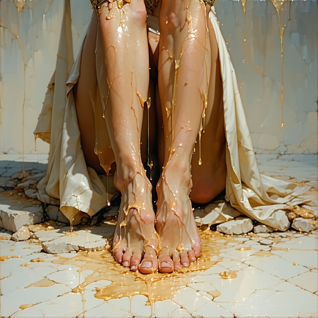 AI generated: greek goddess displaying her feet in a suggestive way with cum dripping from them