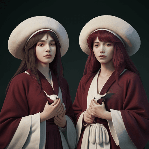 AI generated: a picture of two people, wearing cloth hats and robes, in the style of realistic animal portraits, u...