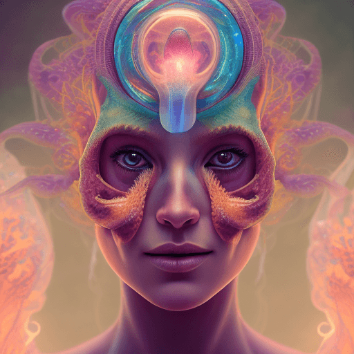 AI generated: Goddess close-up portrait ribcagel. jellyfish phoenix head, nautilus, orchid, skull, betta fish, bio...