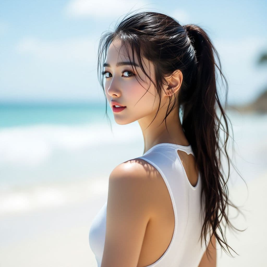 AI generated: High resolution image. A korean woman with long hair wearing a white freediving suit. The background...