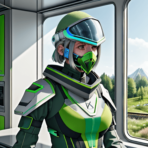 AI generated: Photo of a ultra realistic future green space outfit, die buchstaben ESS auf dem aunzug sichtbar, fa...