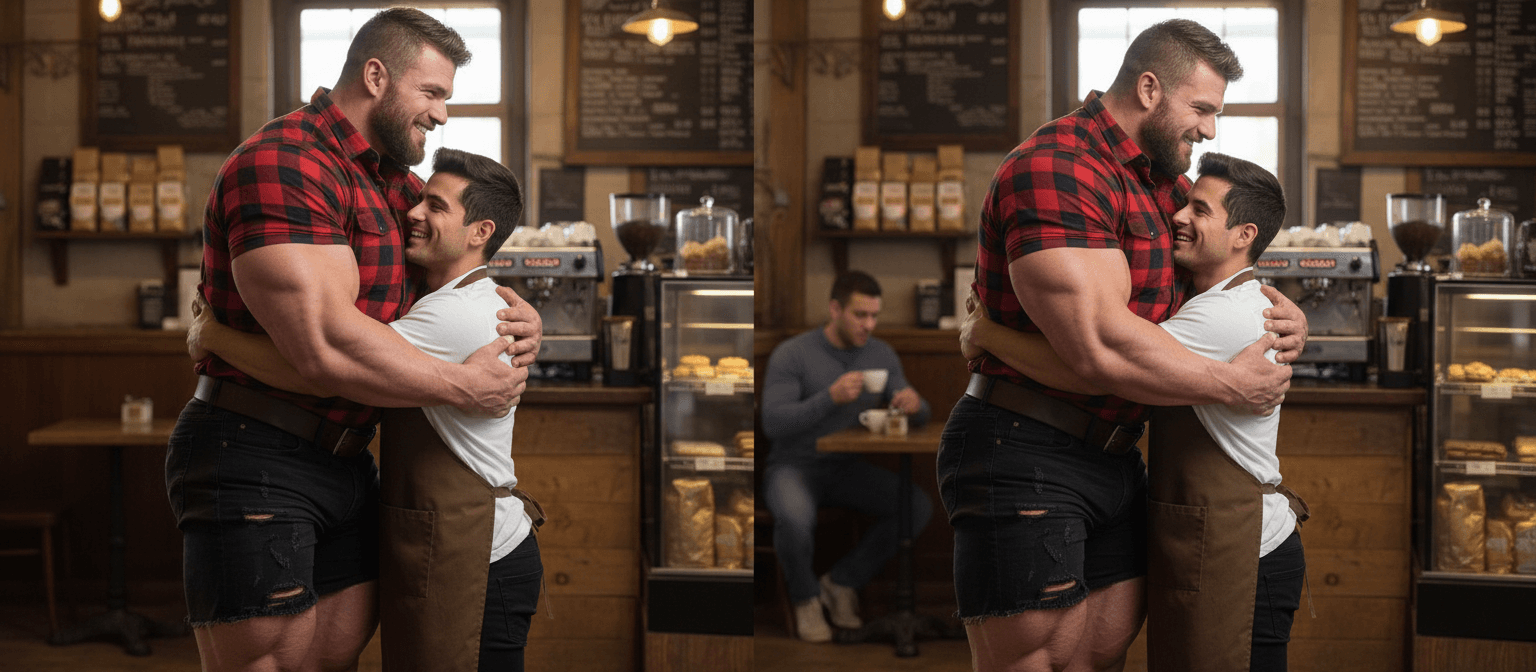 AI generated:  At a coffee shop with 1 customer in the background. There's a bodybuilder 6'4" tall, he has muscula...