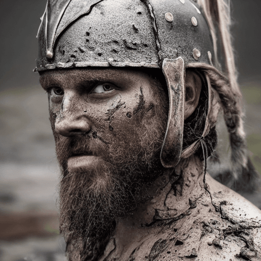 AI generated: Close-up of Viking King emerging from wet black mud :: Dark metal helmet with two large black horns ...