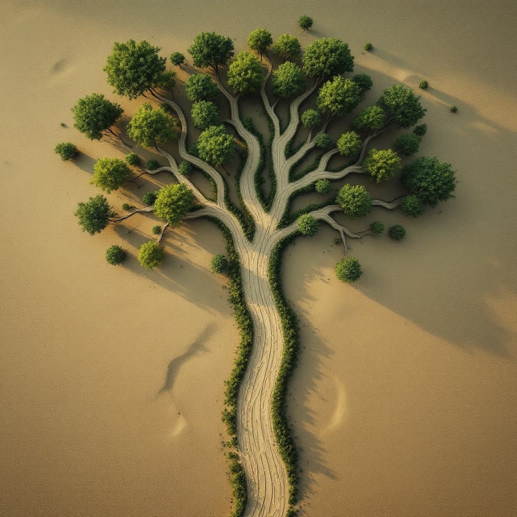 AI generated: many paths diverge in different directions. roads on the sand should create a pattern like a tree
