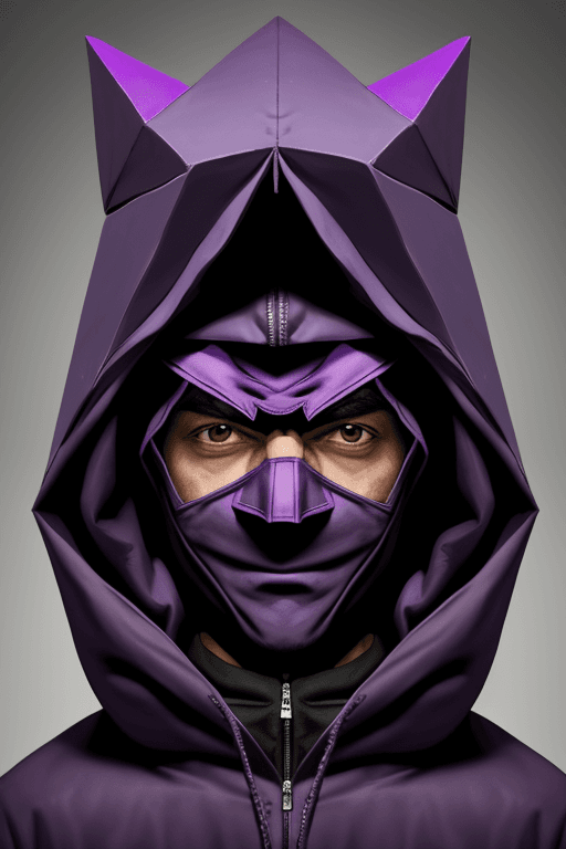 AI generated: Purple man in hood with big triangle mask