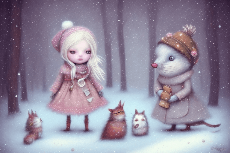 AI generated: On the left side of the image a Holly Hobbie girl dresssed in fur, facing the camera, wintertime, in...