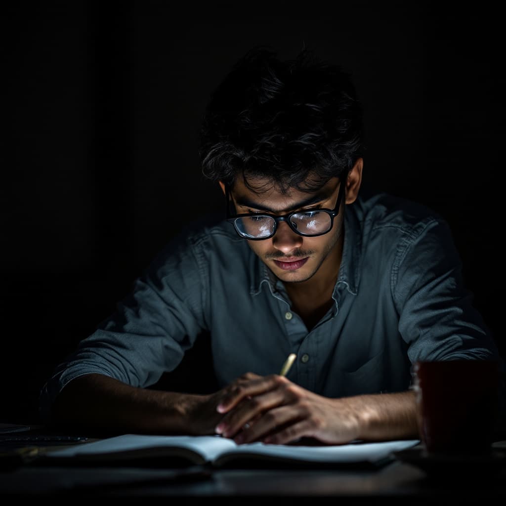 AI generated: Hyper realistic Indian boy of age 20, bright intelligent wear spectacles black frame in a dark envir...