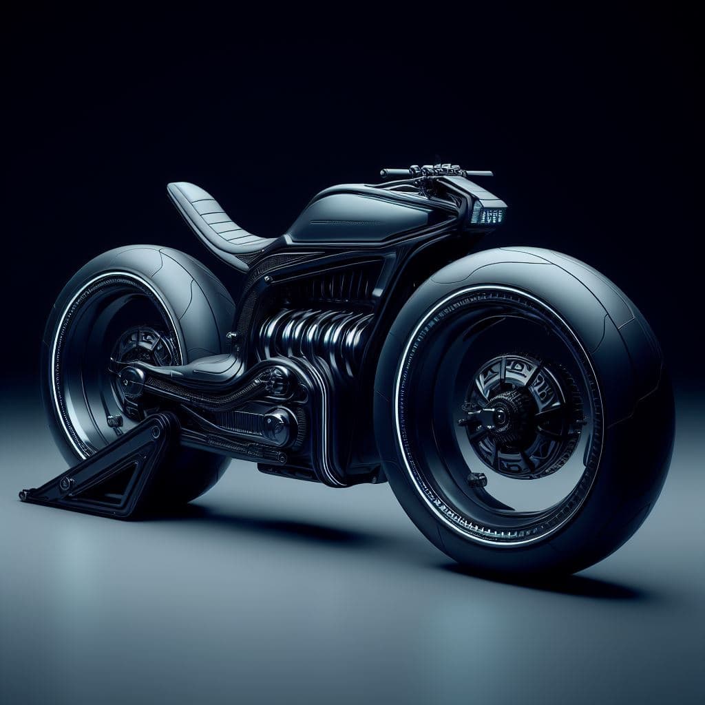 AI generated: ultra futuristic motorbike, electrical engine, minimalistic, empty rims, low seat, blade runne style