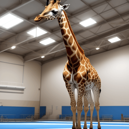 AI generated: 
UNE GIRAFFE EN HABIT DE GYMNASTIQUE BLEU, FAIT DU SQUATT A LA SALLE