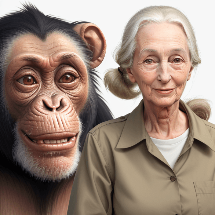 AI generated: Jane Goodall, realistic, 4k, next to a chimpanzee smiling, headshot, body facing camera, straight fo...