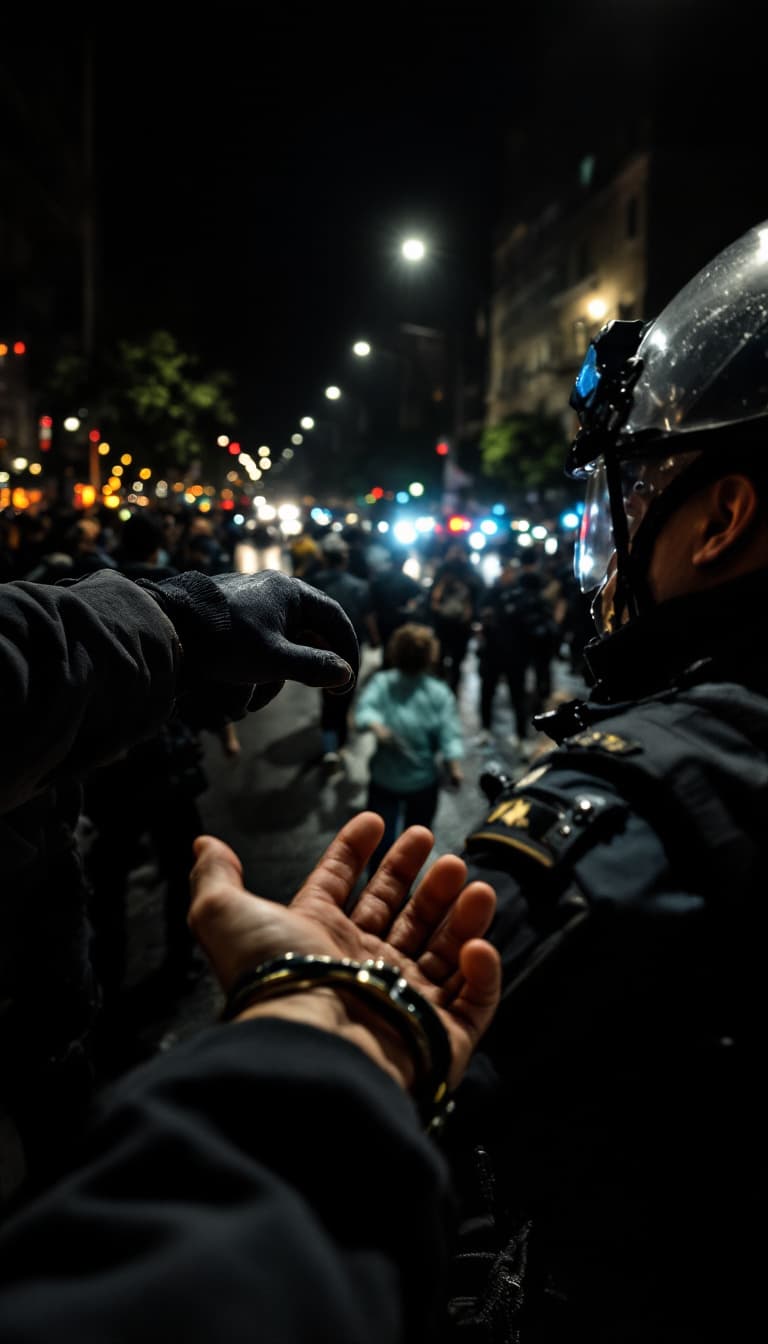 AI generated: POV, I am in a protest in Turkey. Turkish police arresting me by putting handcuff. Only my hands are...