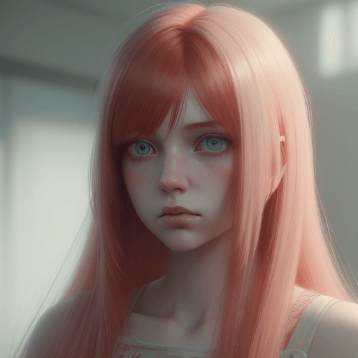 AI generated: acrylic painting of a red hair girl with straight hair and fringe, pastel soft light, pale pastel co...