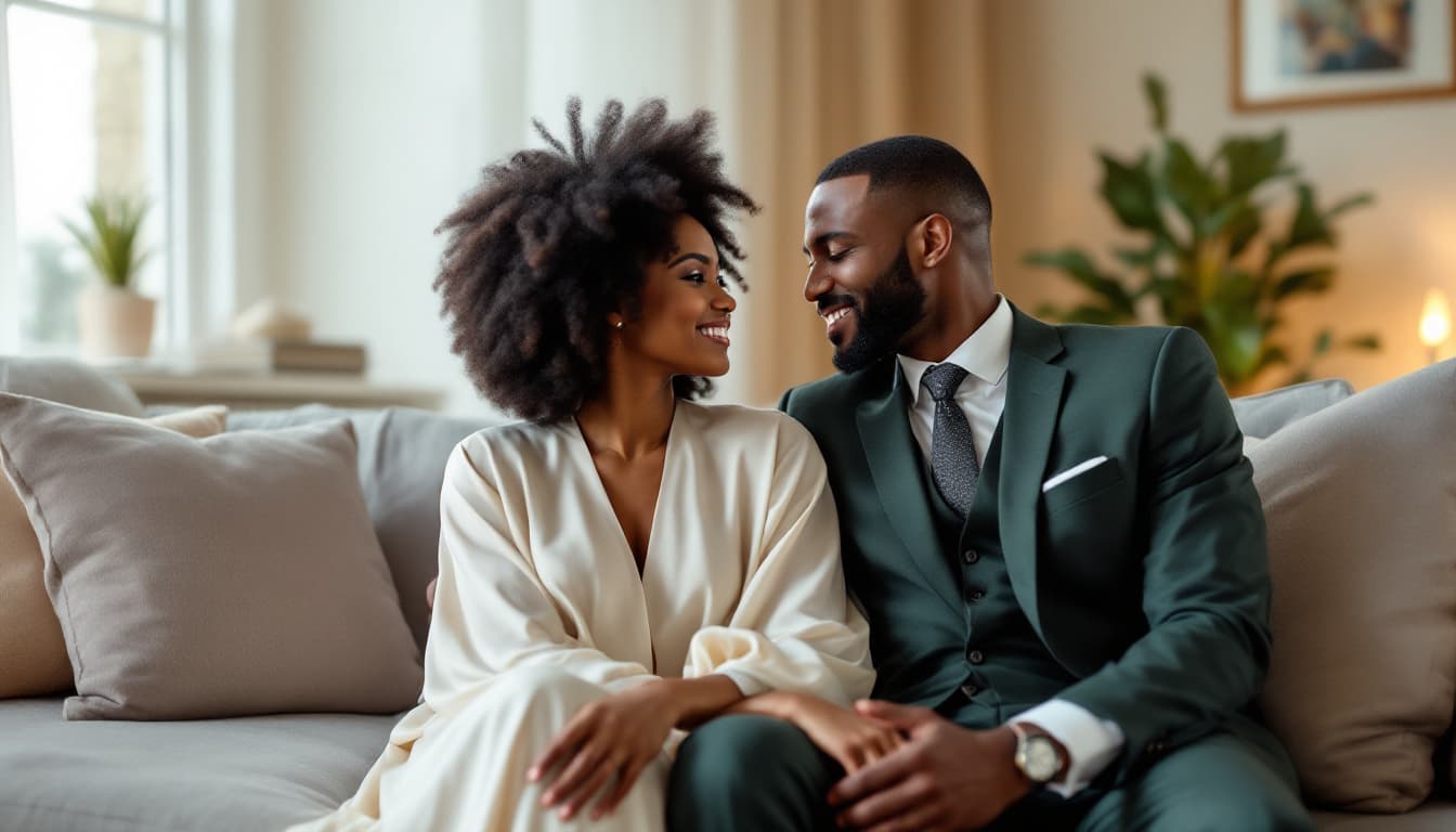 AI generated: A loving Black African couple sits closely on a neutral-toned couch in a warmly lit living room, gaz...