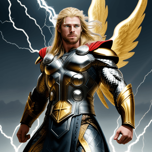 AI generated: The god of thunder, Thor, wears golden armor behind which are golden wings and lightning bolts