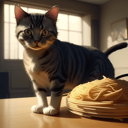 AI generated: Cat made of spaghetti, perfect composition, masterpiece, best quality, [:cinematic lighting:.35]