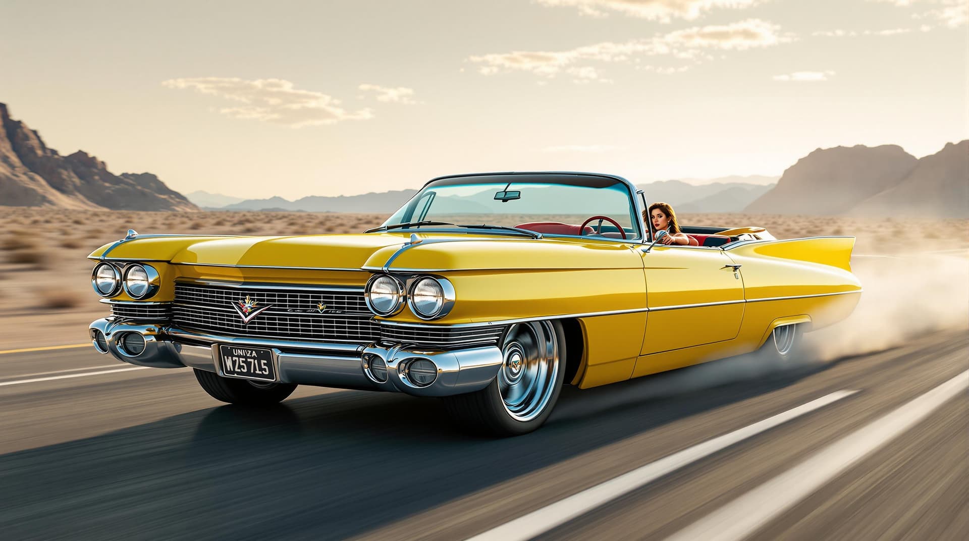 AI generated: Envision a 3D photorealistic, bright yellow 1960s Cadillac with a driver and girl charging down a Ne...