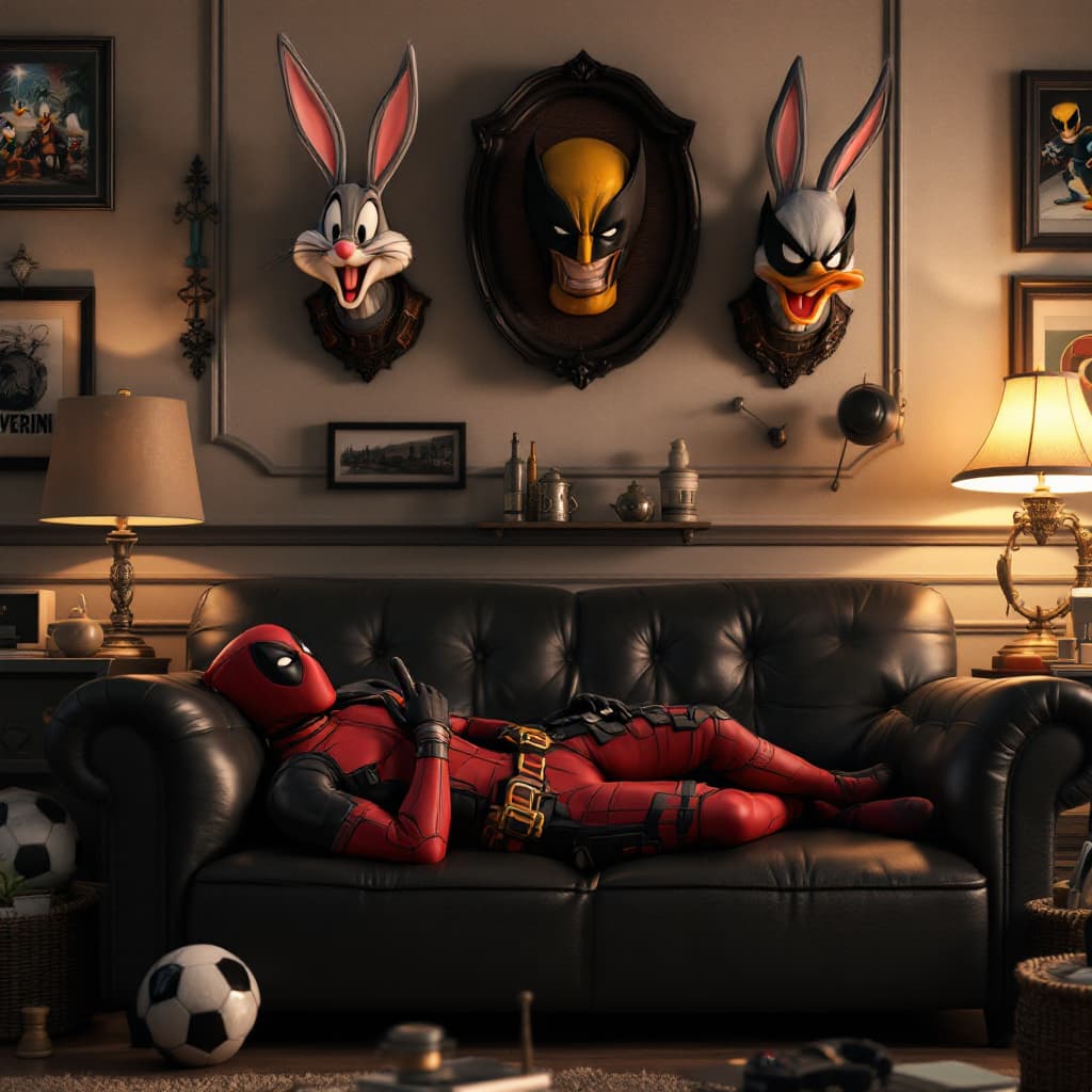 AI generated: A 3D, pixar style animated scene of Deadpool stretched out on a black, leather couch posing and has ...