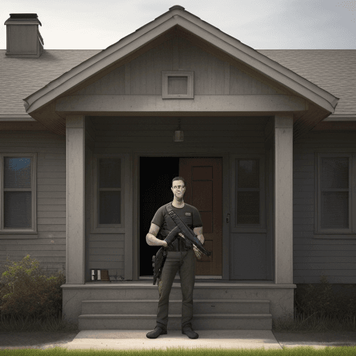 AI generated: a man on the threshold of his house, holding a firearm, realistic, wearing a casual civil shirt and ...
