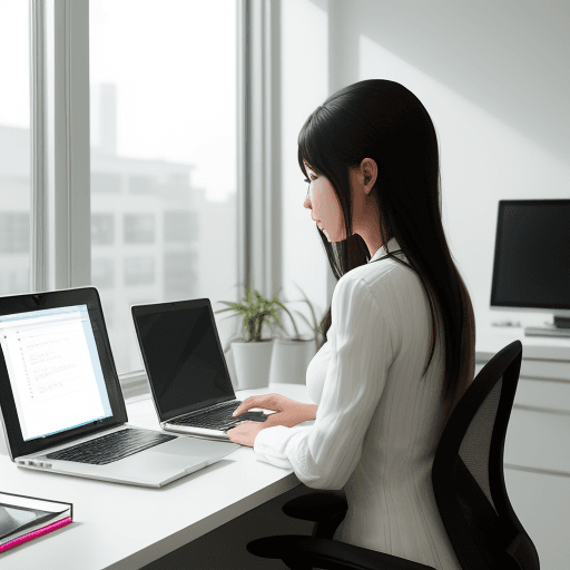 AI generated: Photo, back side view of stylish beautiful pretty girl working on computer, in high-end office, mini...