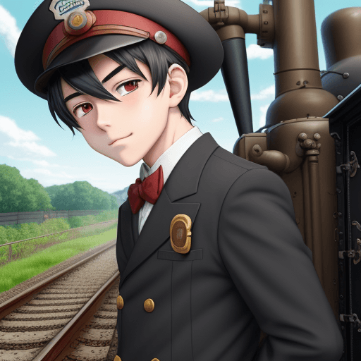 AI generated: cute anime boy, steam train engineer