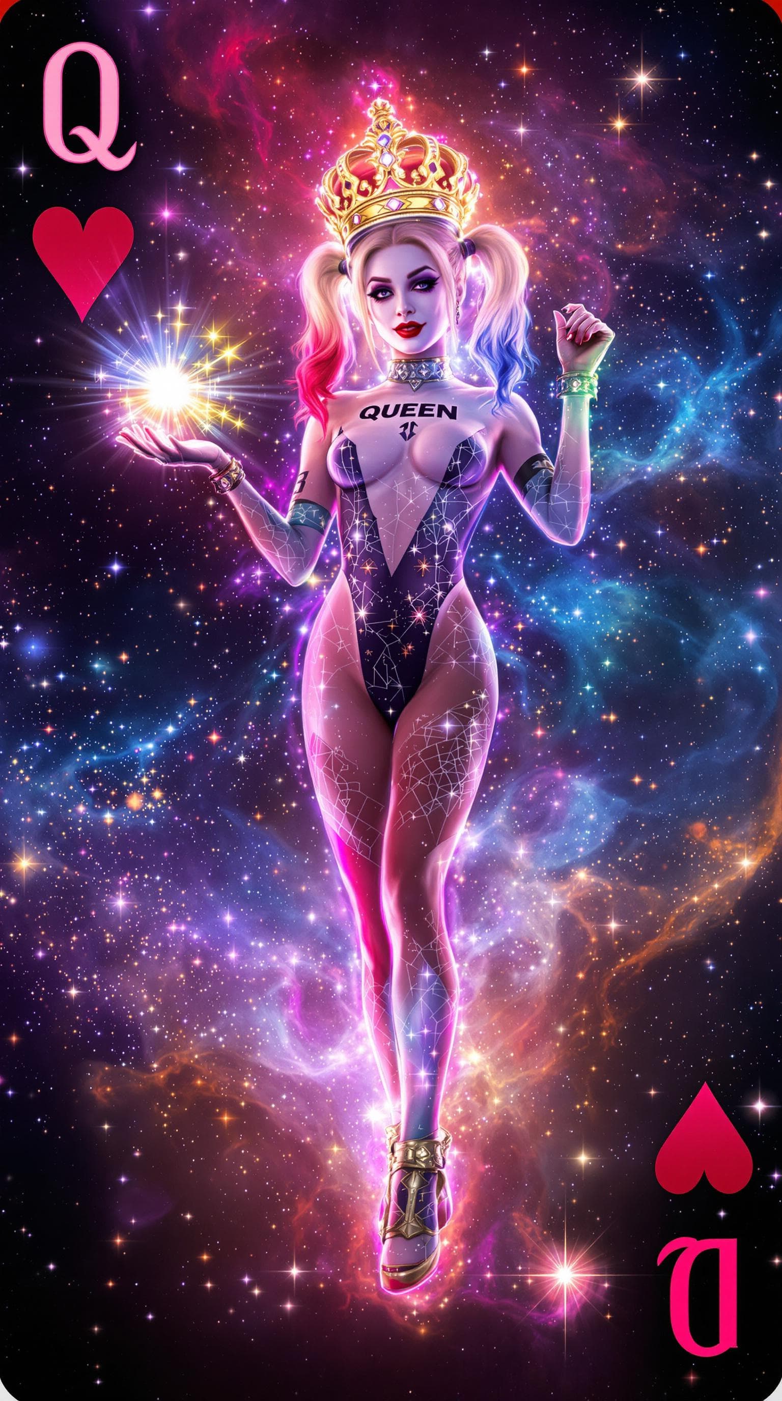 AI generated: The Queen of Hearts card transforms into a 3D hologram composed of cosmic energy, revealing Harley Q...