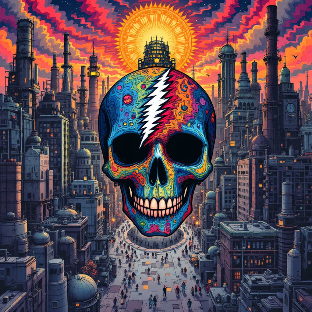 AI generated: cartoon with a colorful Grateful Dead steal your face,surrounded by a city, in the style of tim doyl...