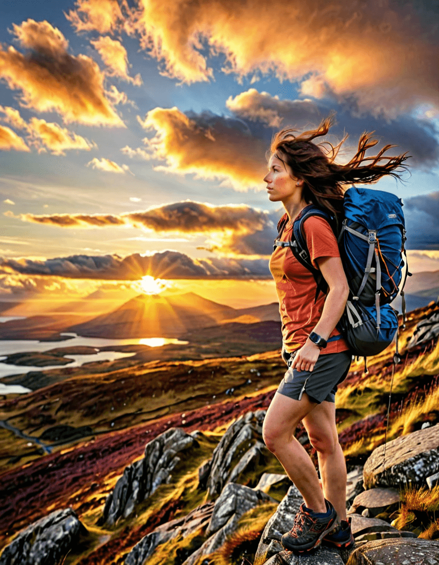 AI generated: HDR photo of woman hiking in the highlands of Scotland during sunset, wearing a t-shirt and shorts a...