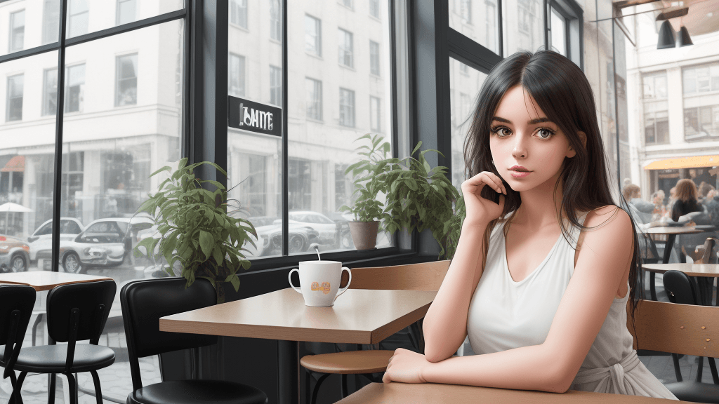 AI generated: .<lora:rMadArt3_NoiseOffset:2>,  Half body photograph of a cute and attractive woman in a trendy caf...