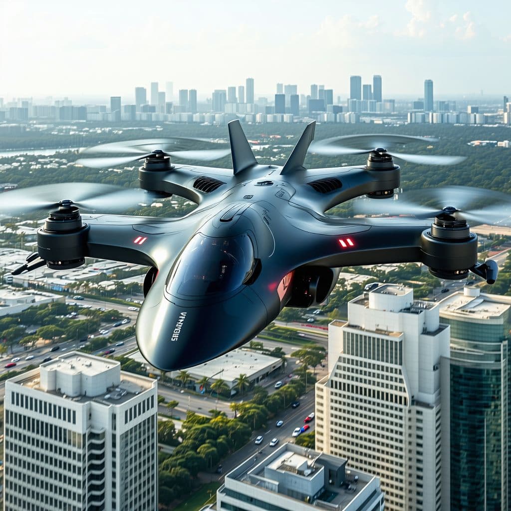 AI generated: Create an 8k, realistic image of a futuristic luxury UAV designed for one pilot. The UAV should have...