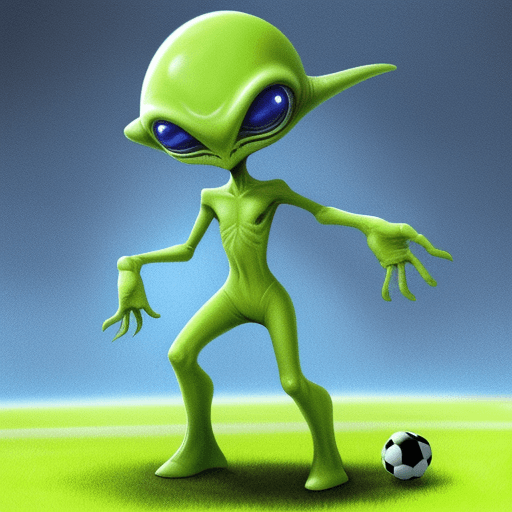 AI generated: 
Please draw an alien waving his hand and playing soccer.