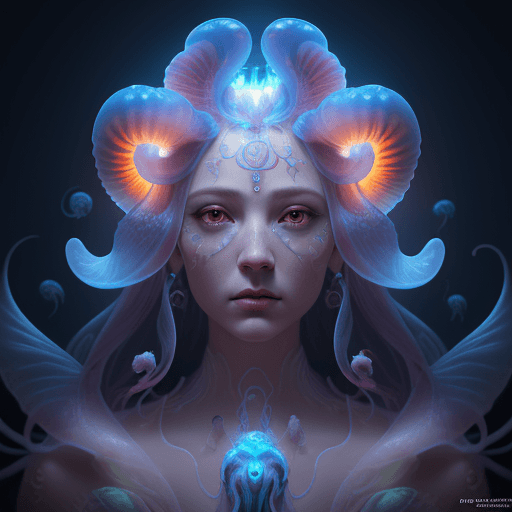 AI generated: Goddess close-up portrait ribcagel. jellyfish phoenix head, nautilus, orchid, skull, betta fish, bio...