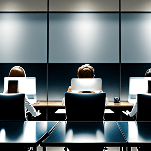 AI generated: hyper realistic, photographic image of 4 people sitting at a desk in an office with laptops, paper, ...