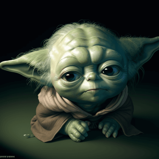 AI generated: yoda without sunglasses and in the dark room with fear