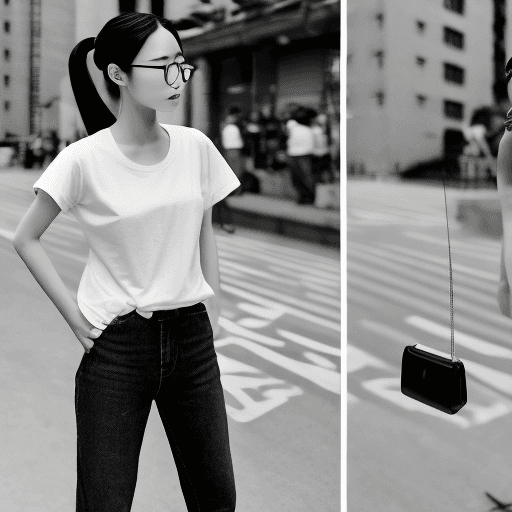 AI generated: photography, side view, upper-body, portray an innocent professional korean woman model standing aga...