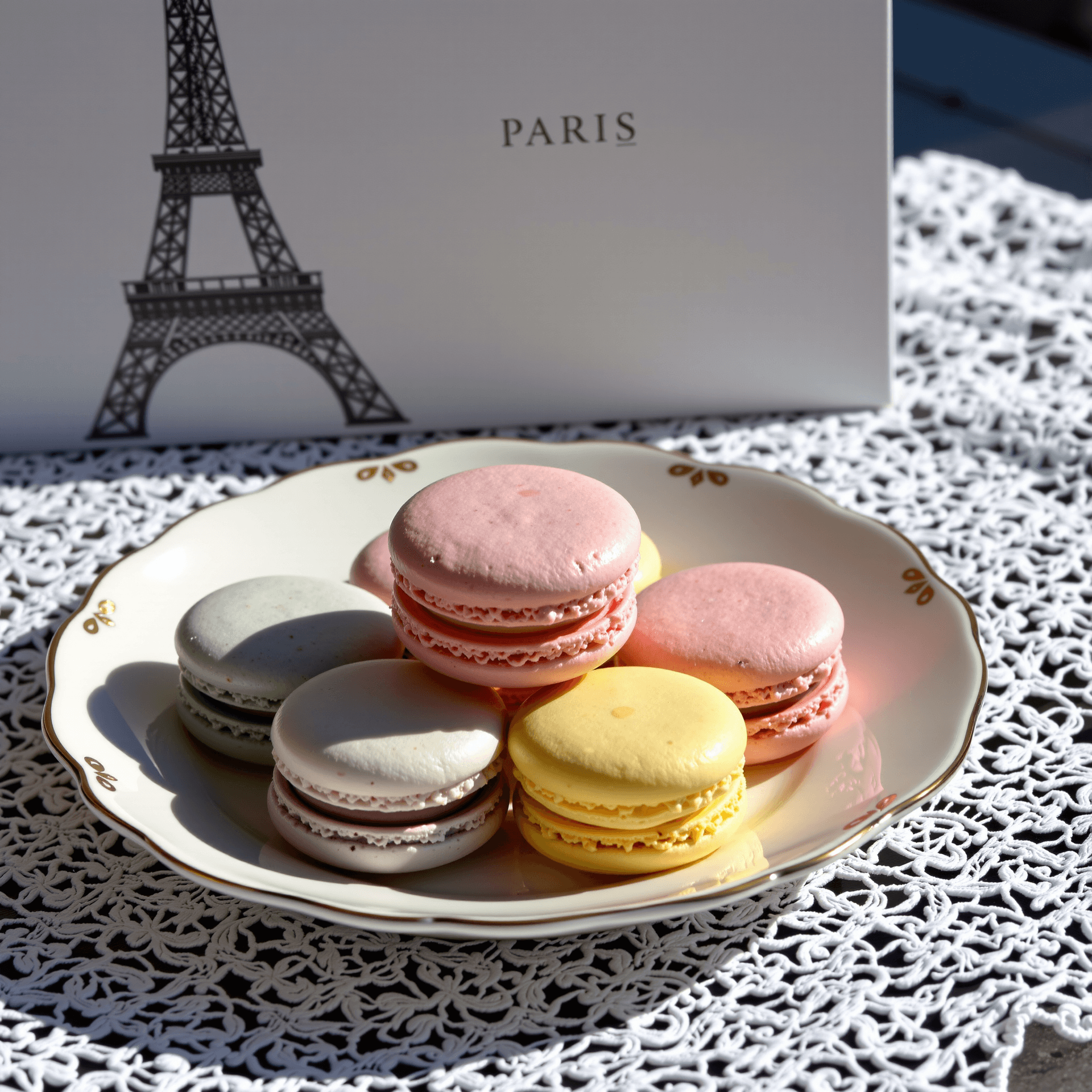 AI generated: A symmetrical 2048x2048 composition of pastel-colored macarons stacked neatly on an elegant white ce...