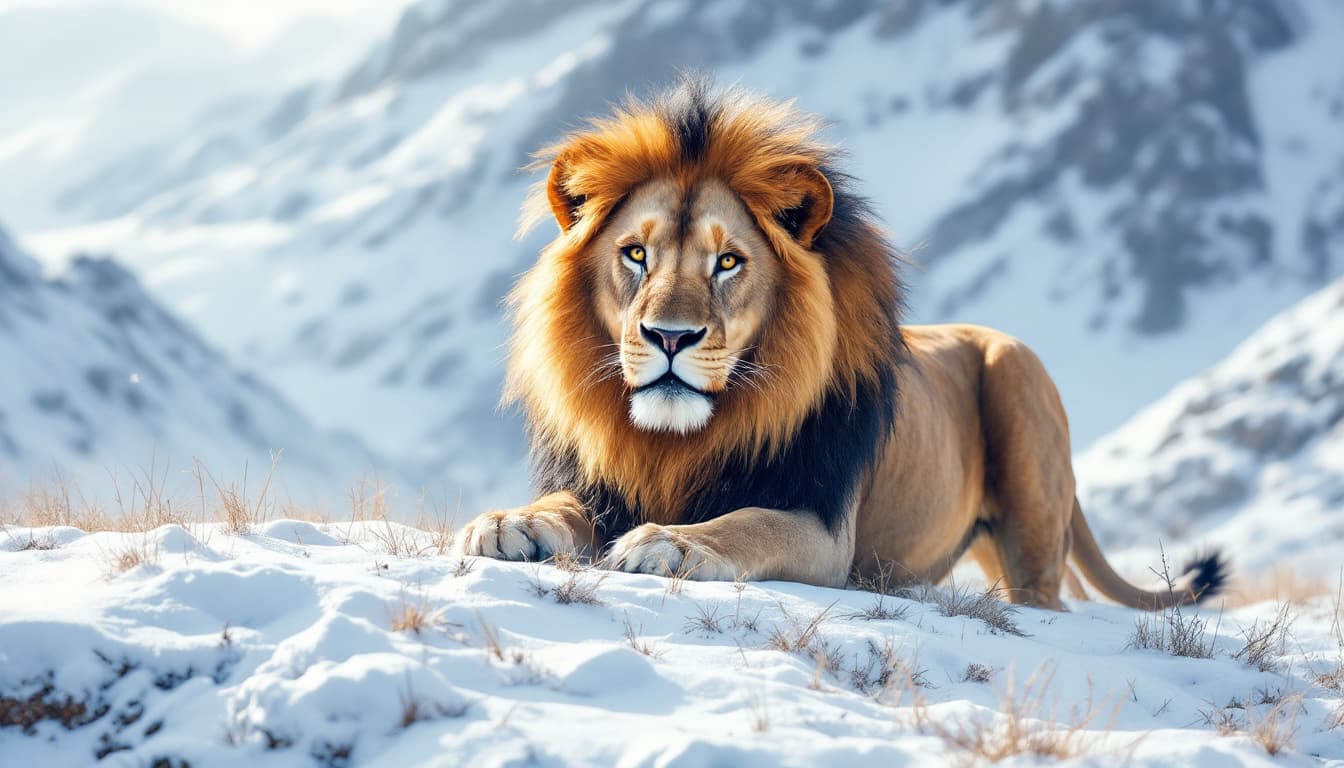 AI generated:  lion in snow mountain